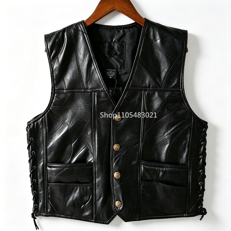 Motorcycle Gear Vest - Męska czarna skórzana kamizelka motocyklowa z