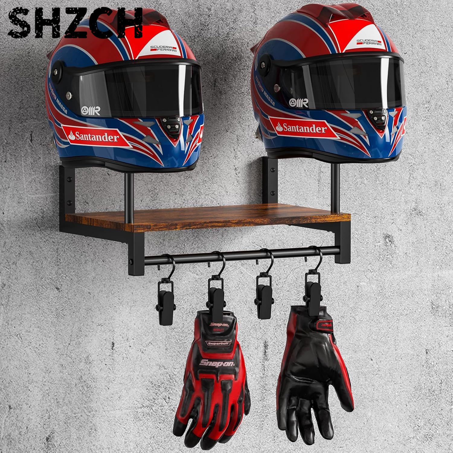 Motorcycle Gear Display Rack - Podwójny wieszak na kask motocyklowy, drewniany